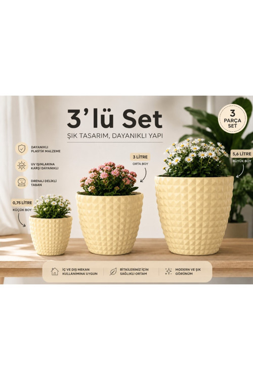 3Lü Porselen Görünümlü Piramit - Plastik Saksı