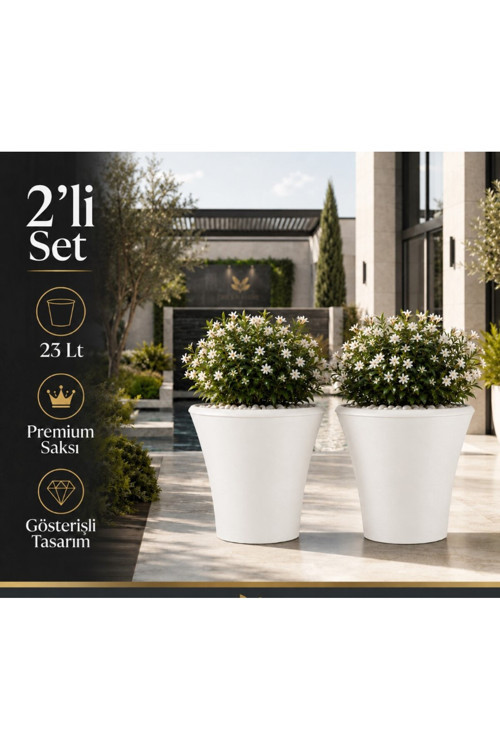 Beton Görünümlü Plastik Çiçek Saksısı 38 Cm 23 Litre 2Li Set