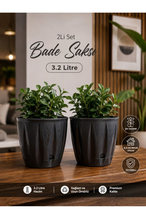 Bade Saksı 3,2 Lt Parlak Plastik Kendinden Tabaklı Drenajlı Çiçek Saksısı 2Li Set