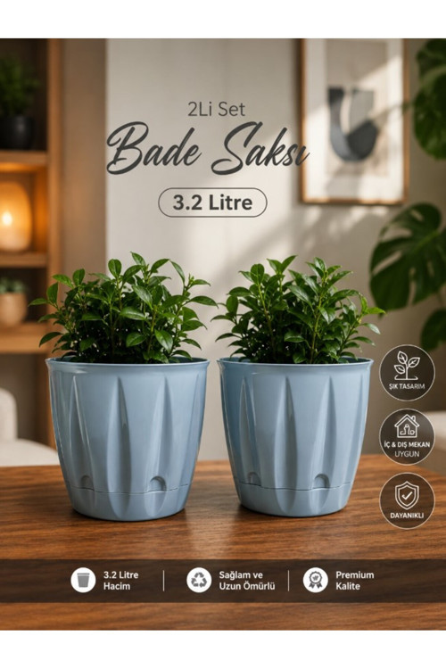 Bade Saksı 3,2 Lt Parlak Plastik Kendinden Tabaklı Drenajlı Çiçek Saksısı 2Li Set