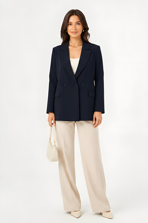 Woman Kadın Kruvaze Lacivert Blazer Ceket – Çift Düğmeli, Cep Kapaklı P.3982L