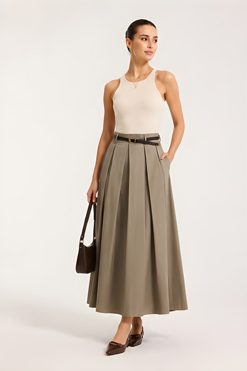 Woman Kadın Urban Pleat Kemer Detaylı Midi Paraşüt Etek P.2962