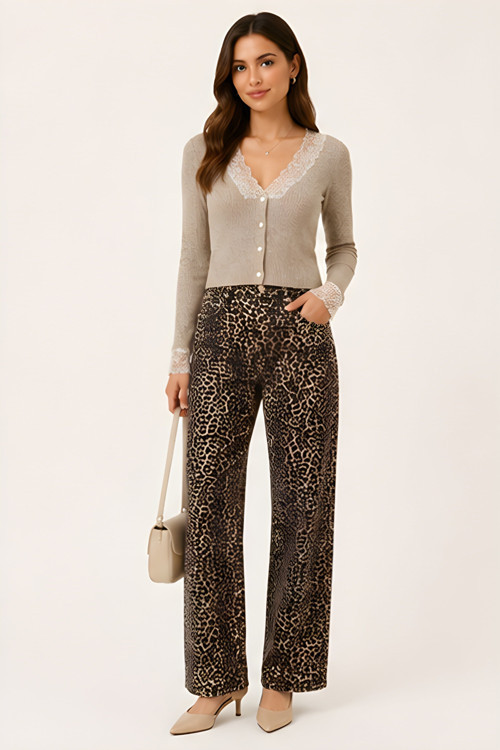 Woman Kadın Yüksek Bel Leopar Desenli Wide Leg Pantolon TY.LPR01