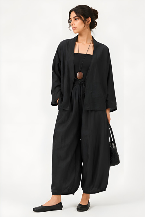 Woman Kadın Siyah Krinkle Dokulu Oversize İkili Takım 50970
