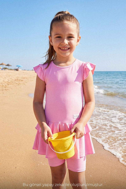Omuzları Volanlı Pembe 3 Parça Kız Çocuk Mayo Takımı 7000
