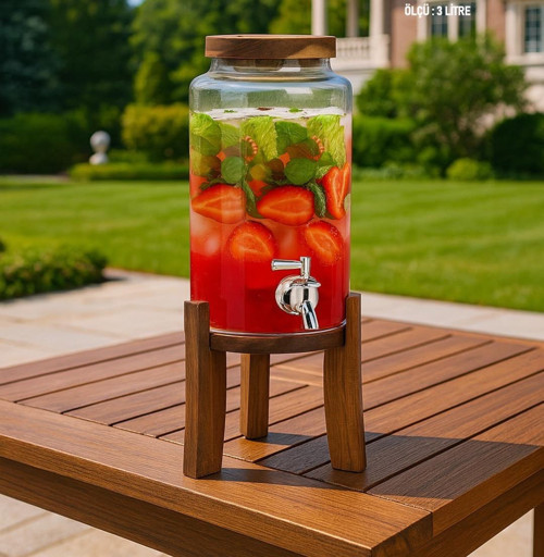 Ahşap Standlı Musluklu Cam Sebil 3LT- Soğuk Içecek Dispenseri ve Limonata Sürahisi