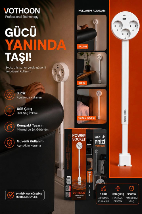 Teleskopik Çoklu Priz, 3’lü Topraklı + USB-C & USB-A, Yükseklik Ayarlı, Işıklı Anahtarlı Uzatma Priz