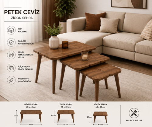Petek Ceviz Zigon Sehpa Takımı (3’lü)