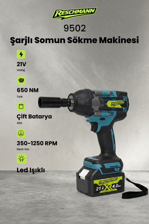 R-9502 21V 4.0Ah Akülü Torklu Somun Sıkma Bijon Sökme Kömürsüz Matkap 15 Pilli Batarya Kömürsüz