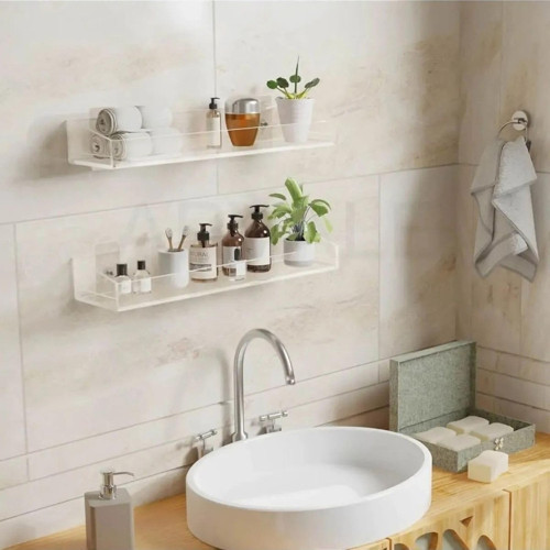 2 Adet Pleksi Hayalet Raf | Banyo Mutfak Düzenleyici Kendinden Yapışkanlı Vidalı Raf - 40 Cm