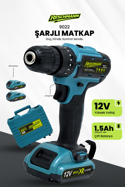 R-9022 12V Metal Şanzıman Çift Akülü Bakır Sargı Şarjlı Matkap Akülü Vidalama Setli