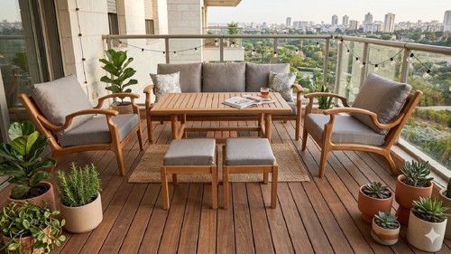 Orbis Masif Ahşap Bahçe Balkon Koltuk Kestane Ağacı 3+1+1 Koltuk, Masa ve Puf Takımı