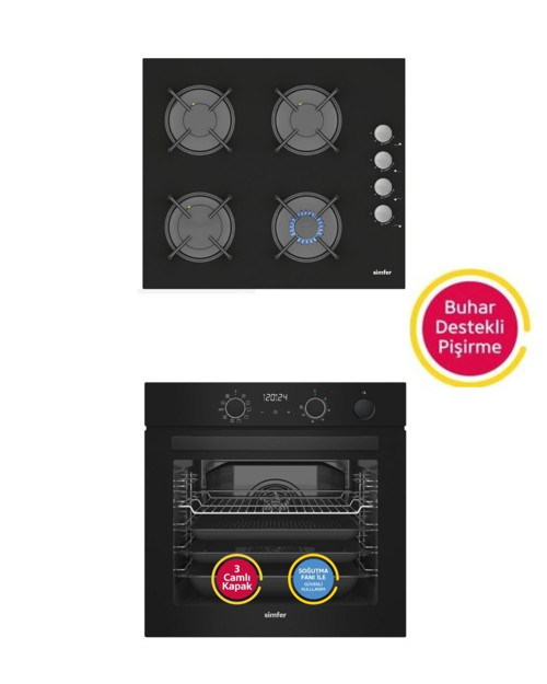 Steam Master Siyah Cam 2'li Ankastre Set (8244 Fırın + 3500 Ocak)