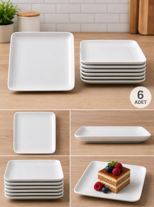 6'lı Porselen Servis Tabak Pasta Tabağı Beyaz Kare 19cm