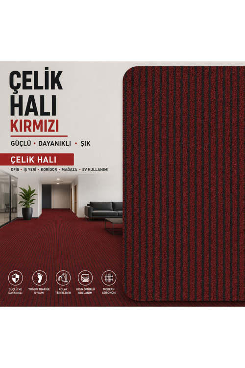 Kırmızı Çelik Halı Paspas Gin Serisi Kaymaz Taban Ofis İş Yeri Halısı Kapı Önü Ve Oto Paspası