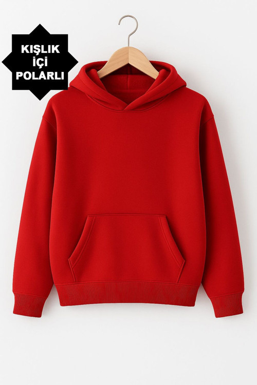 Kadın Kırmızı Kışlık Kalın Şardonlu 3 Iplik Oversize Sweatshirt
