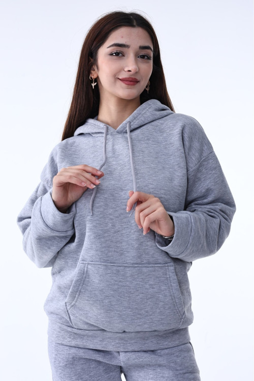 Kadın Gri Kışlık Kalın Şardonlu 3 Iplik Oversize Sweatshirt