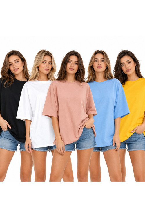 5'Li Set Oversize %100 Organik Pamuk Yakası Ribanalı T-Shirt