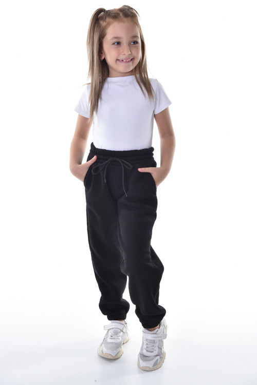 Kız - Erkek Çocuk Siyah Kışlık Compact Penye İçi Polar Şardonlu 3 Iplik Eşofman Altı Jogger Pantolon