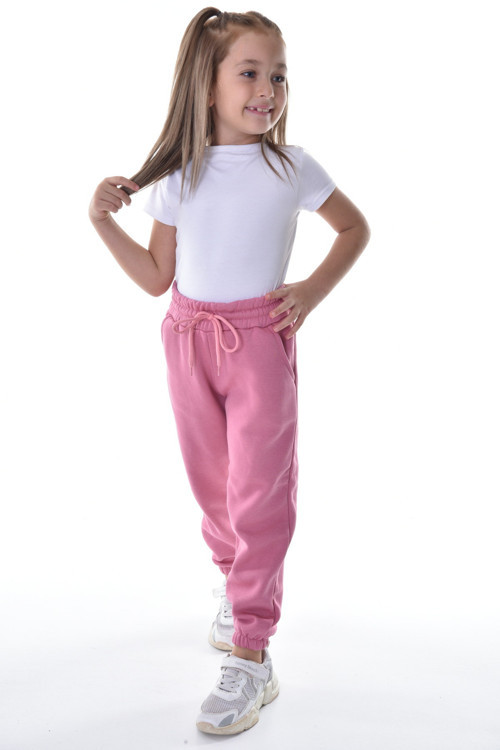 Kız - Erkek Çocuk Pembe Kışlık İçi Polar Şardonlu 3 Iplik Eşofman Altı Jogger Pantolon