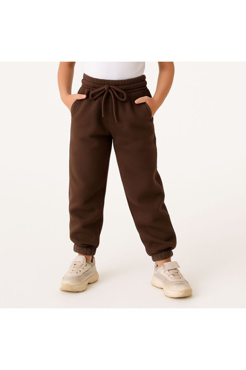 Kız - Erkek Çocuk Kahverengi Kışlık İçi Polar Şardonlu 3 Iplik Eşofman Altı Jogger Pantolon