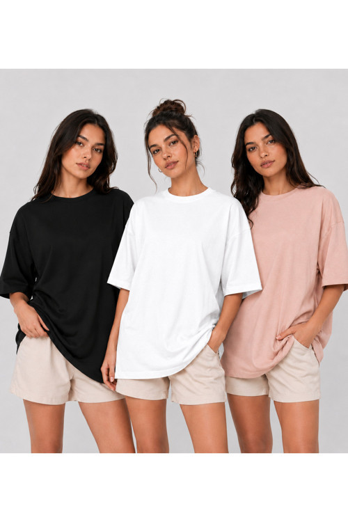 3'Lü Set Oversize %100 Organik Pamuk Yuvarlak Yakalı Bol Kesim T-Shirt