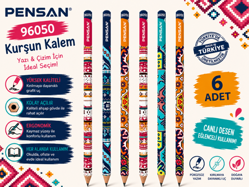 Pensan 96050 Kültürel Desenli HB Kurşun Kalem Yazı ve Çizim Kalemi Okul Kırtasiye 6 Adet