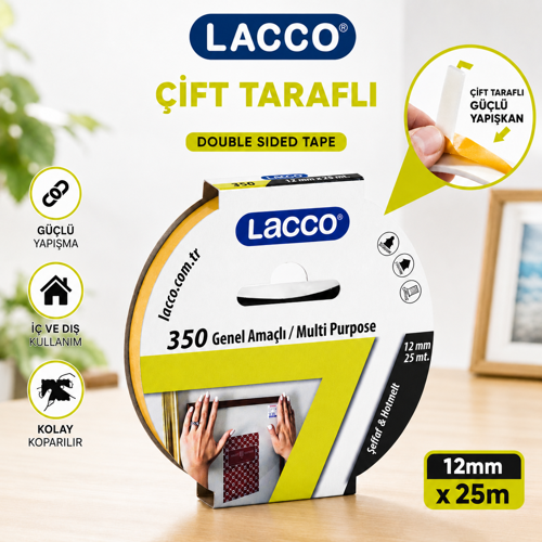 Lacco Çift Taraflı Bant 12 mm x 25 m Güçlü Yapışkanlı Montaj Bandı Çok Amaçlı Beyaz 1 Adet