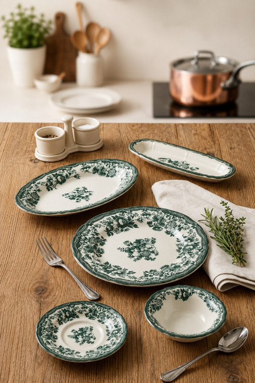 Porselen Velour Green Fulya Kahvaltı Seti 6 Kişilik 20 Parça