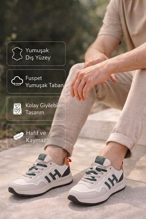 Erkek Bej Yeşil Spor Ayakkabı Rahat Yumuşak Taban Kaymaz Günlük Bağcıklı Sneaker 2064