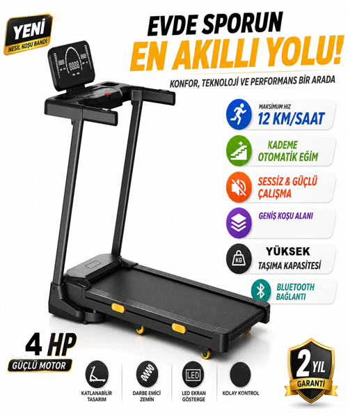 KB-900 Koşu Bandı 4HP Motor Katlanabilir Kademeli Otomatik Eğim Bluetooth Hoparlörlü Ev Tipi Yürüyüş Bandı