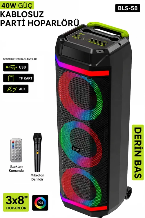Büyük Boy Bluetooth Hoparlör 40W 3x8" RGB LED Kablosuz Mikrofonlu Karaoke Hoparlör Parti Ses Sistemi