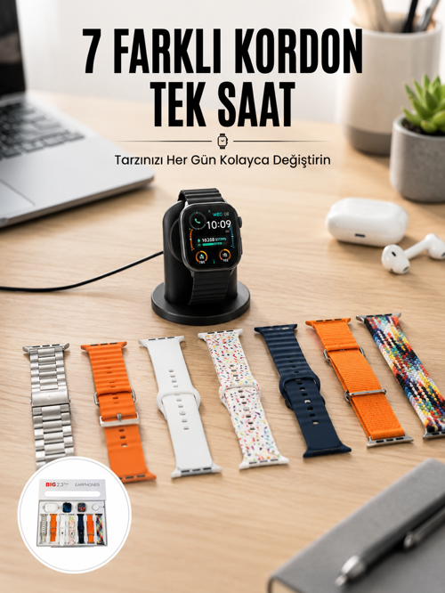 uygun Akıllı Saat ve Air Pro Kulaklık 7 Kordonlu Çok Fonksiyonlu İkili Set Yeni Nesil popüler