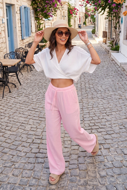 Pamuklu Bağlamalı Relaxed Fit Yüksek Bel Geniş Paça Müslin Bayan Pantolon 5866663 PEMBE