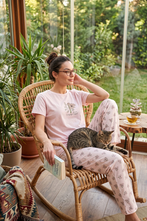 Pamuklu Regular Fit Desenli Bisiklet Yaka Bayan Pijama Takımı 65790784 PEMBE