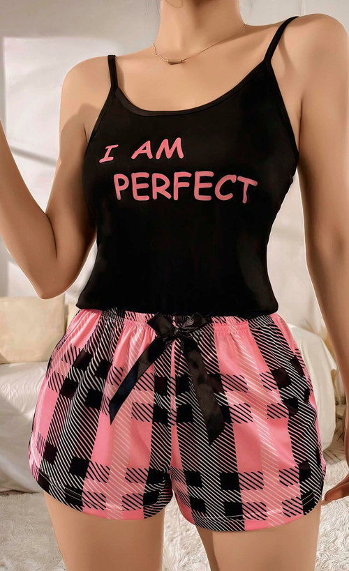 Fantezia Night Kadın Siyah Kare Desenli Askılı Şortlu Pijama Takım 5012