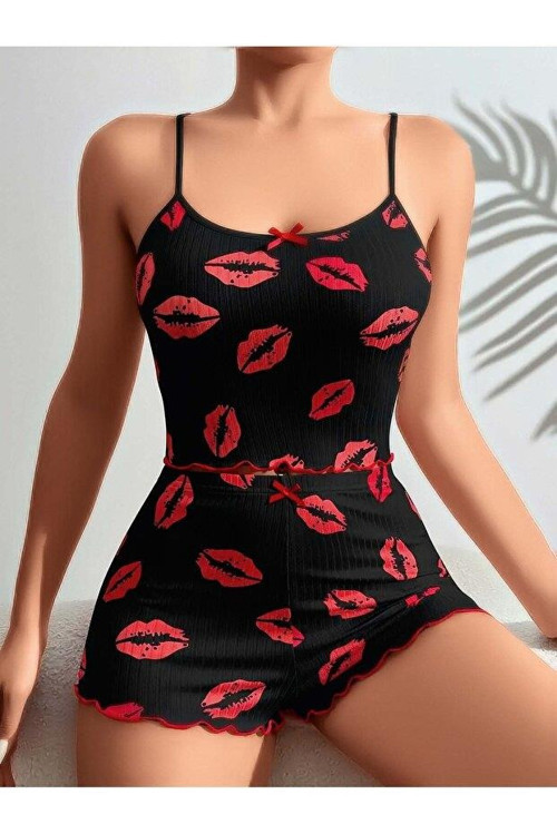 Fantezia Night Kadın Siyah Dudak Desenli Şortlu Pijama Takımı 5057