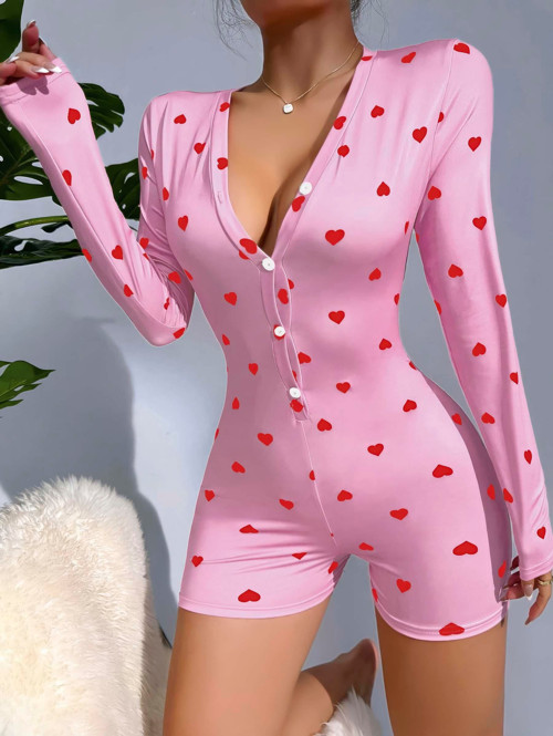 Fantezia Night Kadın Pembe Kalp Desenli Pijama Tulumu 5121