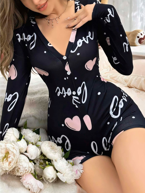 Fantezia Night Kadın Siyah Kalp Desenli Love Yazılı Pijama Tulumu 5124