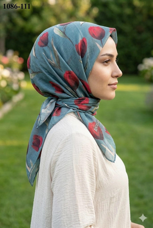 Soft Pamuk Eşarp (Mavi-Kırmızı) 1086-111