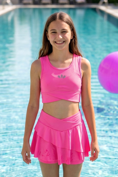 Sıfır Kol Üst Şort Etek İki Parça Kız Çocuk Yüzücü Mayo 26614 Fuşya