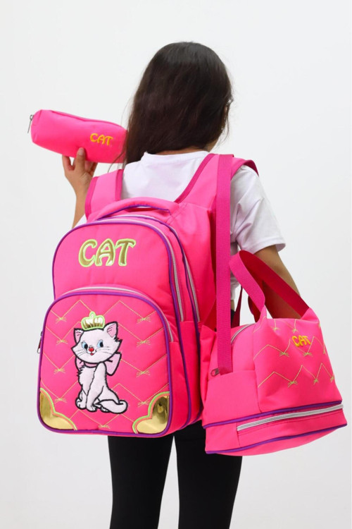 Kız Çocuk CAT Temalı 3'li Okul ve Beslenme Çantası Seti – Pembe & Sevimli Kedi Desenli