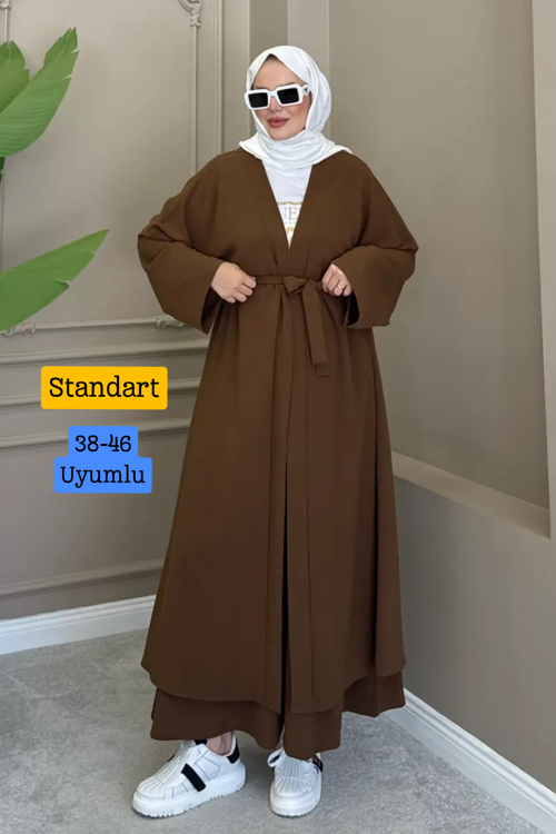 Kadın Kuşaklı Kimono Hırka Bol Paça Pantolon Takım Tesettür 2'li Kombin 1230