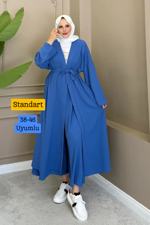 Kadın Kuşaklı Kimono Hırka Bol Paça Pantolon Takım Tesettür 2'li Kombin 1230