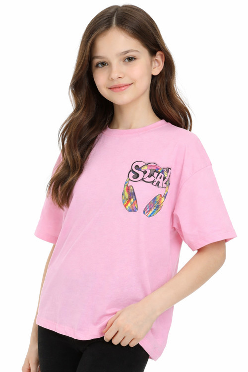 Kız Çocuk Önü Sırtı Social Yazılı Kulaklık Desenli Oversize Kalıp Pembe Renk Kısa Kol Tişört