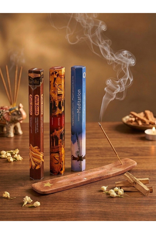 Darshan 3'lü Enerji ve Arınma Tütsü Seti 60 Adet Tütsü Ve Tütsülük (Palo Santo, Sandal, Meditation) + Yıldız İşlemeli Ahşap Tütsülük