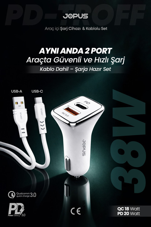 Type-C Kablolu Araç Şarj Aleti Çakmaklık Seti - Type-C + USB Girişli 38W JO-A7