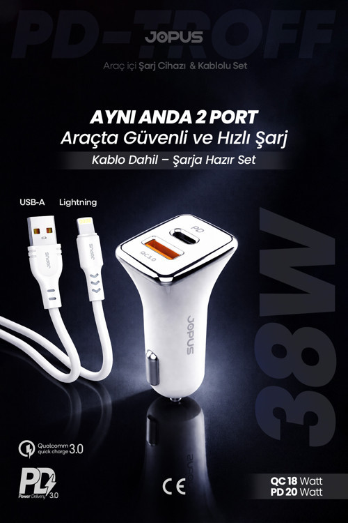 İphone Araç Şarj Aleti Çakmaklık Seti - Lightning + USB Girişli 38W JO-A7