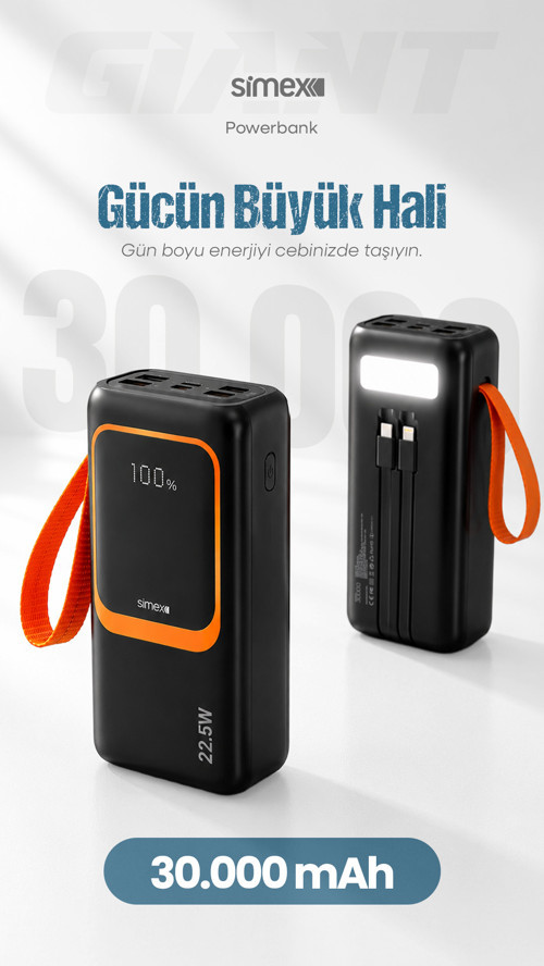 30.000 mAh 22.5W Hızlı Şarj Kablolu PD Powerbank Led Fener ve Dijital Göstergeli Taşınabilir Cihazı