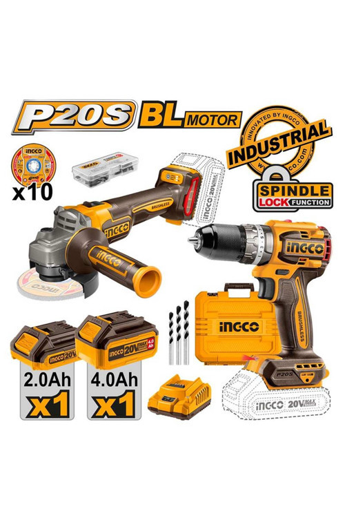 INGCO Lİ-İON KÖMÜRSÜZ AKÜLÜ 2'Lİ KOMBO SET MATKAP VE AVUÇ TAŞLAMA 20V 2.0/4.0 AH